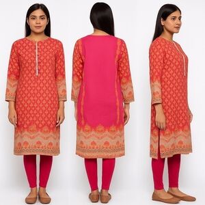 𝅺Bin Saeed Pink and Orange Lawn Tunic Size M